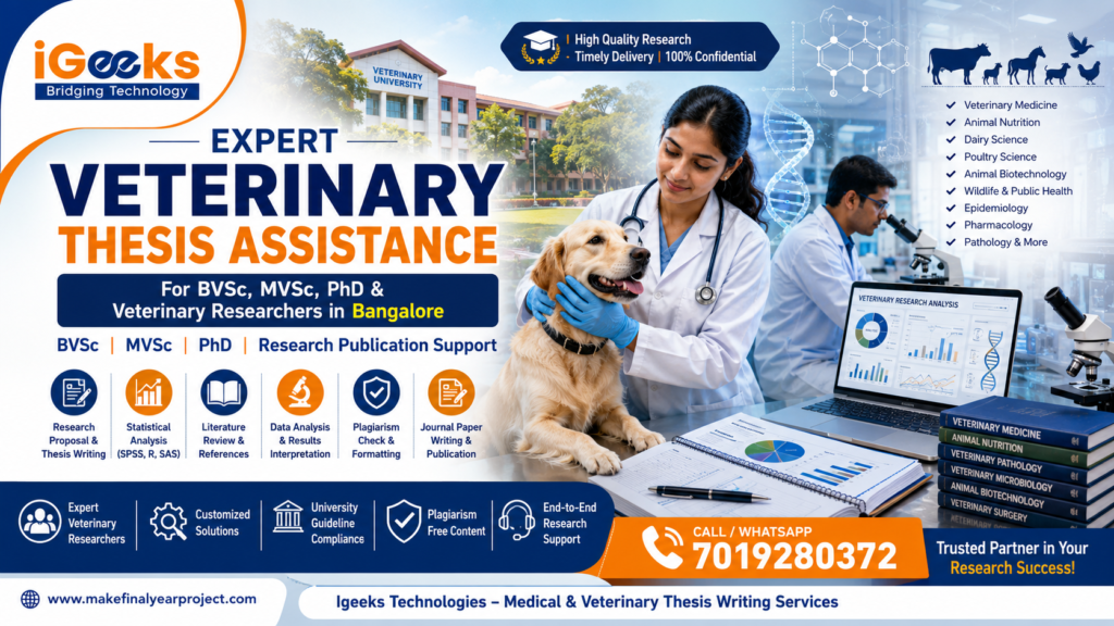 Get expert Veterinary Thesis Assistance in Bangalore for BVSc, MVSc, PhD scholars, and veterinary researchers. Thesis writing, SPSS analysis, journal publication, plagiarism checking, and research support by Igeeks Technologies.
